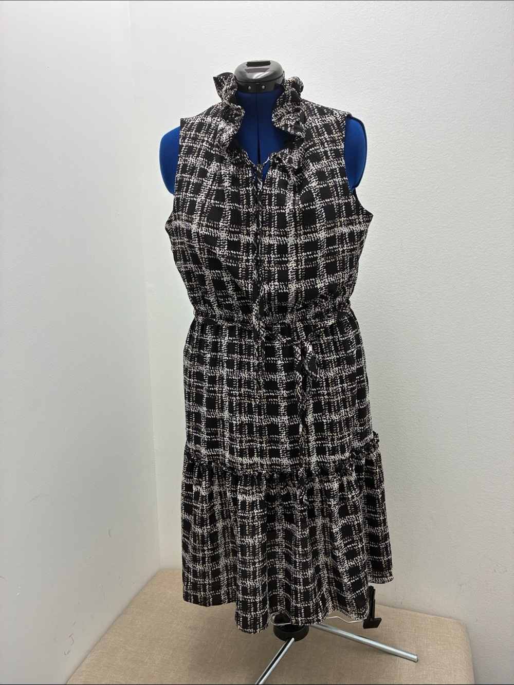 Sleeveless Ruffled Black & White Plaid Midi Dress